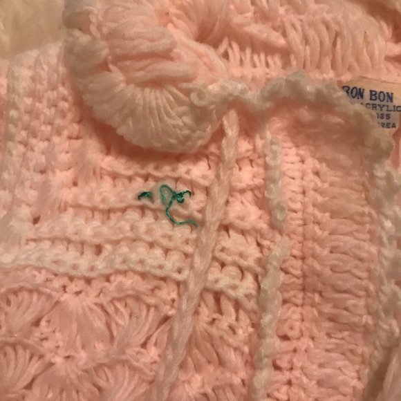 Vintage Pink PomPom Bon Bon Baby Crochet Sweater Hat Booties Set - Picture 6 of 11